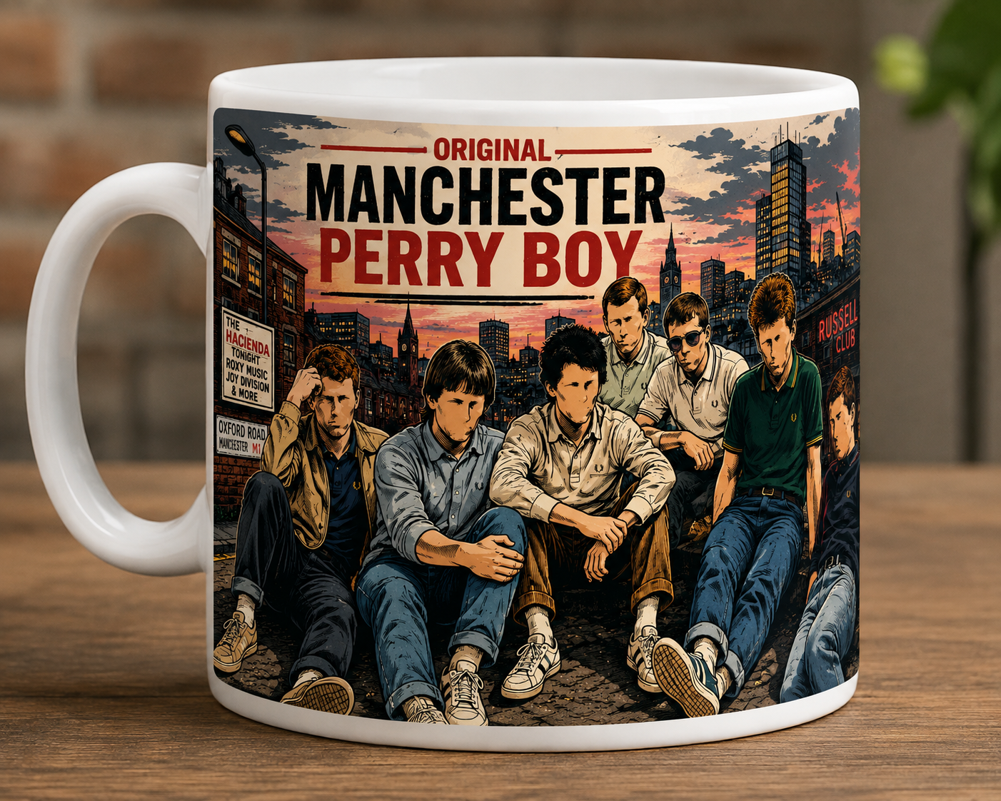 Perry Boy Mug featuring an illustrated Manchester scene and 1980s football culture