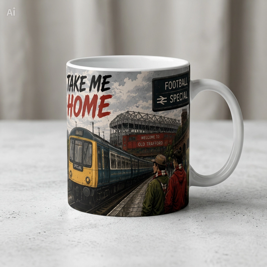 TAKE ME HOME mug featuring a vintage Football Special train and football matchday scene